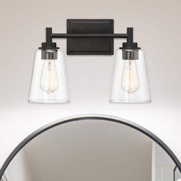 Westin 15 in. 2-Light Matte Black Industrial Vanity Light with Clear Glass Shades