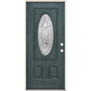 36 in. x 80 in. Left-Hand 3/4 Oval Blakely Glass Denim Stain Fiberglass Prehung Front Door w/Rot Resistant Frame