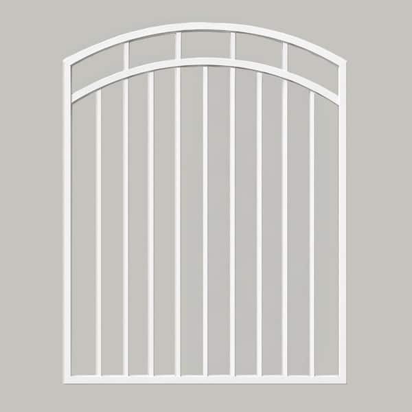 Glossy White Arched Benitoite Steel Gate (45 in. W x 56 in. H) with Self-Close Hardware, Double-Sided Handle, 2x2 Hinges