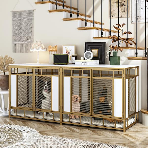 FUFU&GAGA Modern Large Double Dog Crate Furniture, Mesh and Wooden Dog Kennel for 2 Medium or Large Dogs, White and Gold