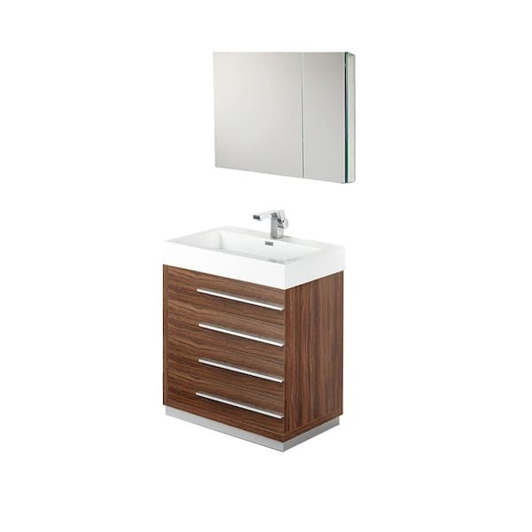 Fresca Livello 30 in. Vanity in Walnut with Acrylic Vanity Top in White with White Basin and Mirrored Medicine Cabinet