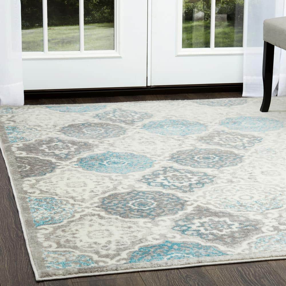 Grey and Blue Medallion Synthetic Area Rug, 7'9" x 10'2"