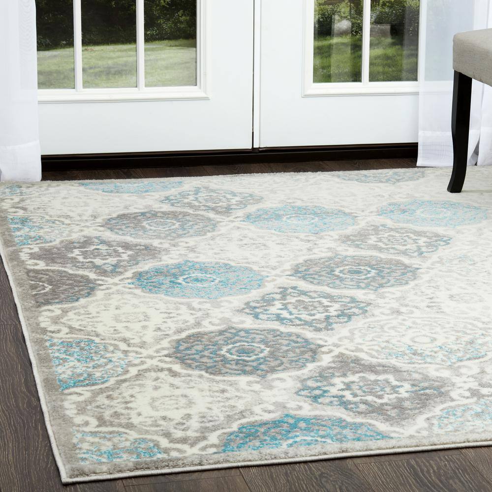 Grey and Blue Medallion Synthetic Area Rug, 7'9" x 10'2"
