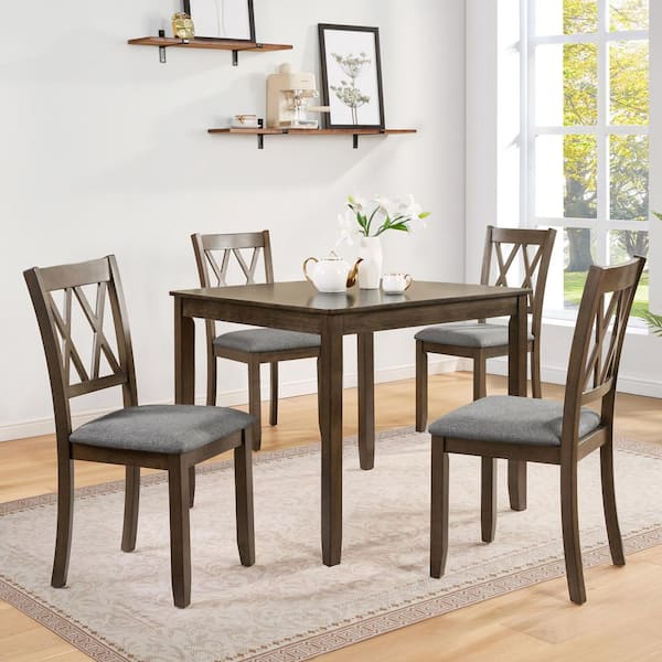Marwick Country Rustic Gray Linen Upholstered & Walnut Finish Solid Wood Dining Side Chair with Cross Back, (Set of 4)