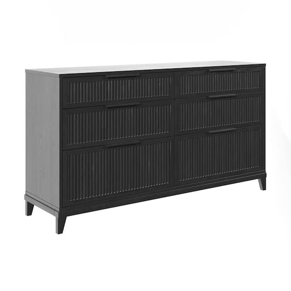 6-Drawer 56 in W Black Solid Wood Transitional Reeded Dresser