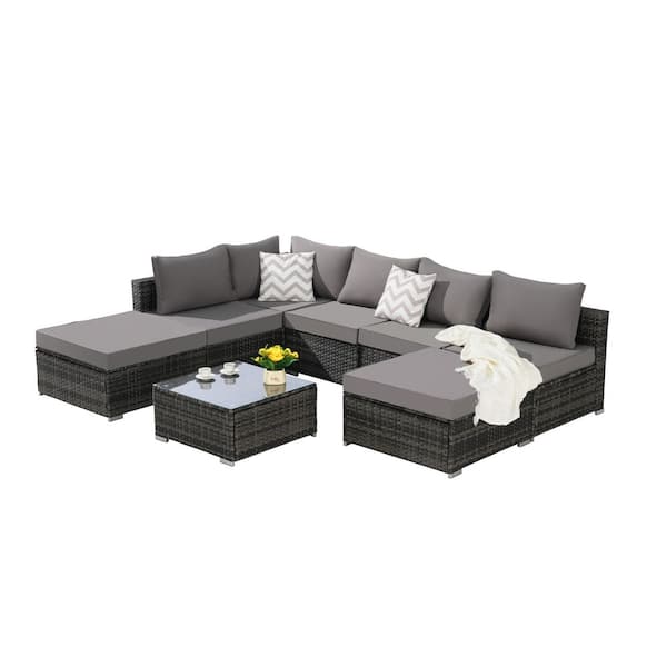 8 Pieces Wicker Patio Conversation Set Outdoor Sectional Sofa Couch with Dark Gray Cushions and Glass Coffee Table