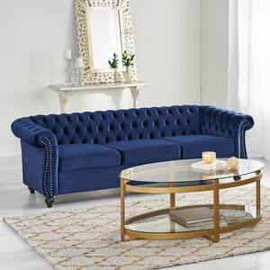 Parksley 84.75 in. Midnight Blue Solid Velvet 3-Seat Chesterfield Sofa with Removable Cushions