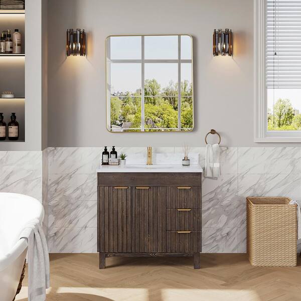 ROSWELL Palos 36 in. W x 22 in. D x 33.9 in. H Single Sink Bath Vanity in Spruce Antique Brown with White Grain Stone Top