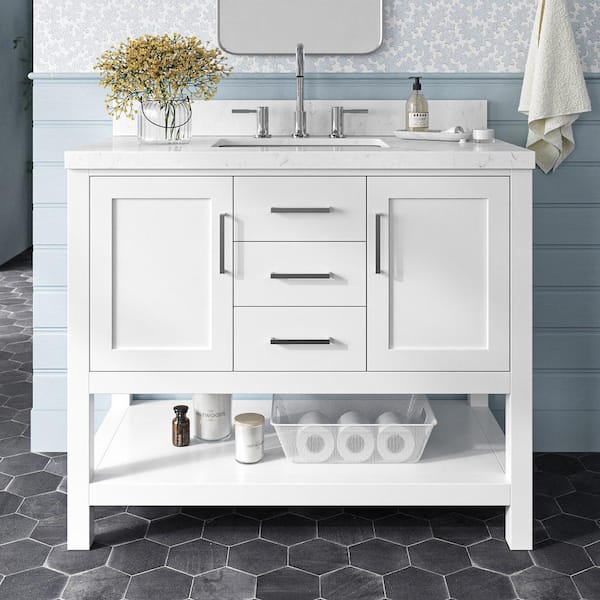 ARIEL Bayhill 42.25 in. W x 22 in. D x 36 in. H Single Sink Freestanding Bath Vanity in White with Man-Made Stone Top