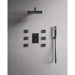 Thermostatic Valve 7-Spray Patterns Shower Faucet Set 12 in. Wall Mount Dual Shower Heads with 6-Jets in Matte Black
