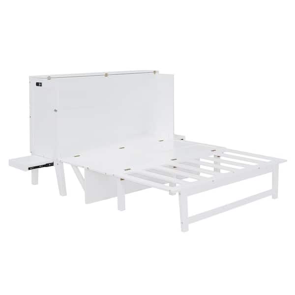 White Wood Frame Queen Size Murphy Bed with USB Port and Removable Shelves on Each Side