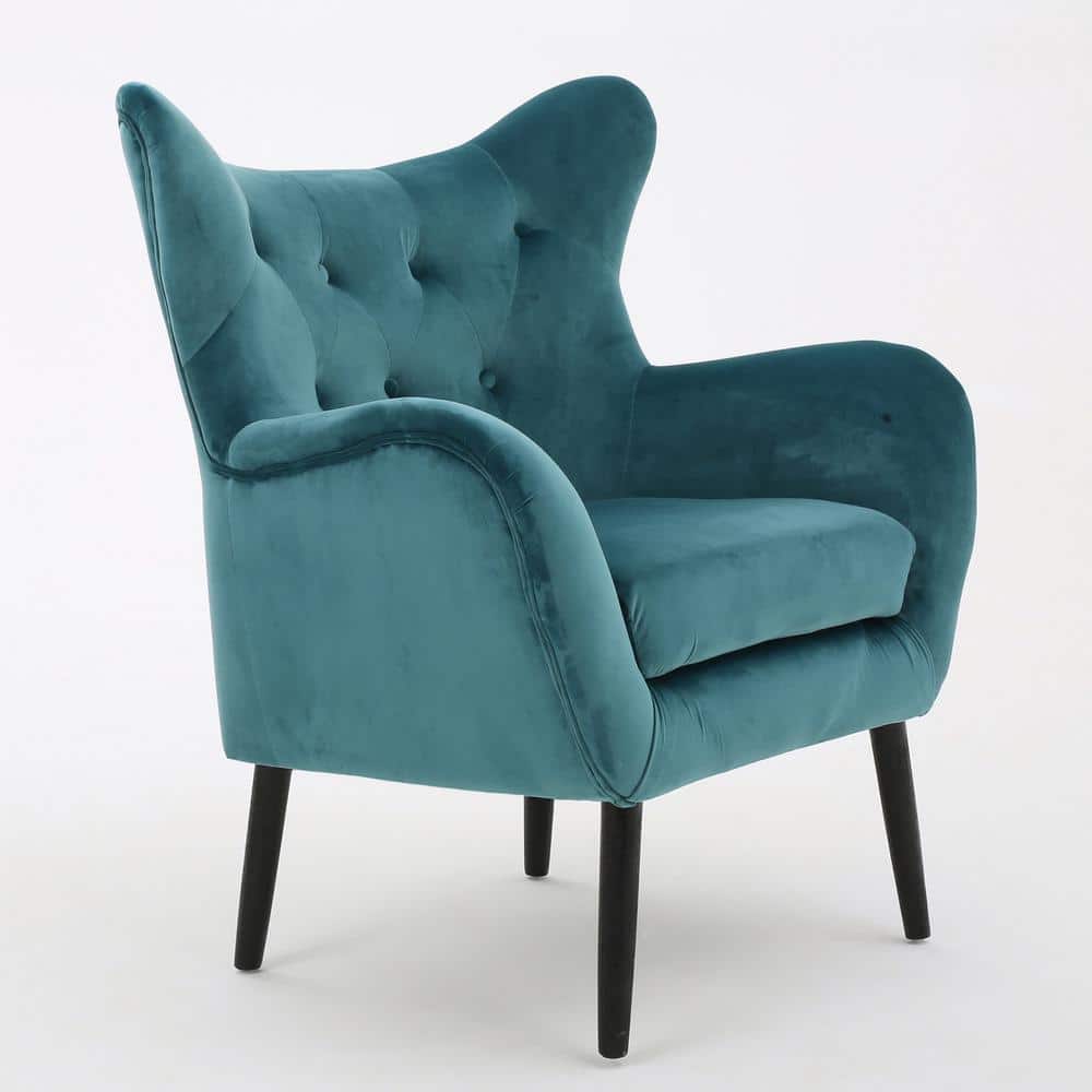 Dark Teal Velvet Wingback Accent Chair with Wood Legs