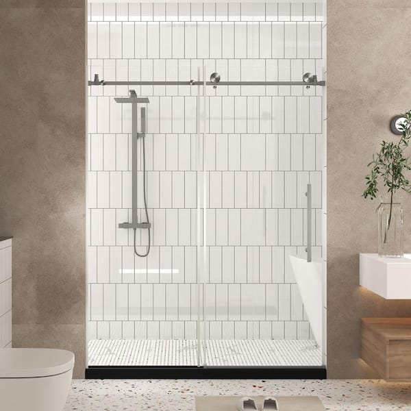 56 in.-60 in. W x 76 in. H Single Sliding Frameless Shower Door in Brushed Nickel w/ 1/4 in. (6 mm) Clear Tempered Glass