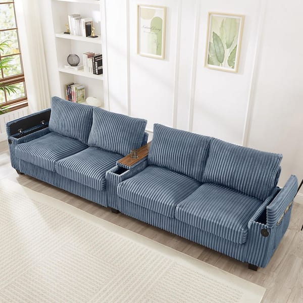 Harper & Bright Designs 133 in. Square Arm Corduroy Rectangle Sofa in. Blue with USB Ports, Hidden Storage Arms, Flip-Top Cup Holders