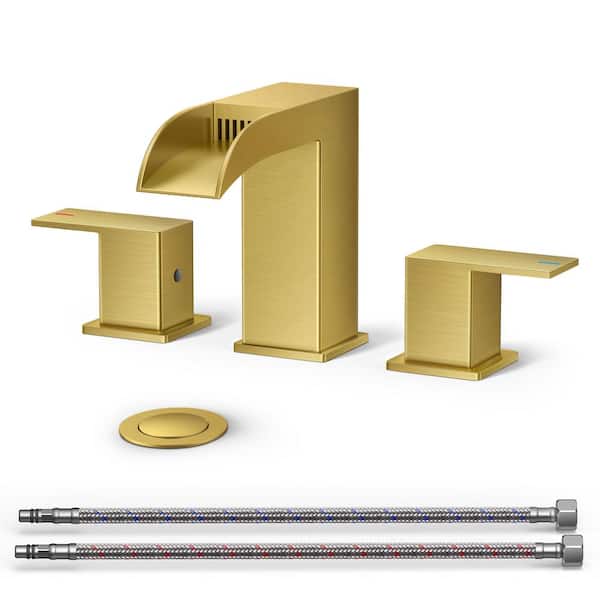 8 in. Widespread Double Handle Bathroom Faucet with Drip-Free Ceramic Disc Valve 1.5 GPM Waterfall Design in Gold