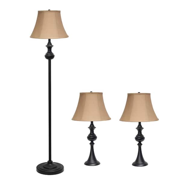 Elegant Designs Traditionally Crafted Restoration Bronze Lamp Set (2-Table Lamps, 1-Floor Lamp) with Tan Shades (3-Pack)