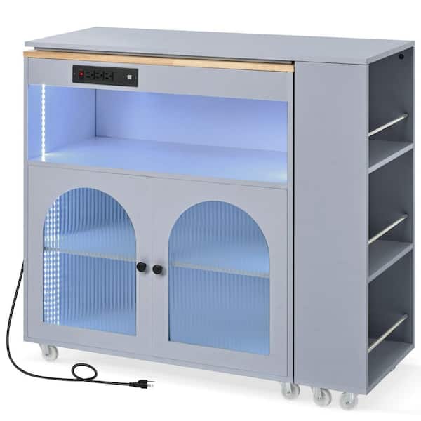 Unbranded Rolling Kitchen Cart with Extended Table, Power Outlets and 2-Fluted Glass Doors in Gray Blue