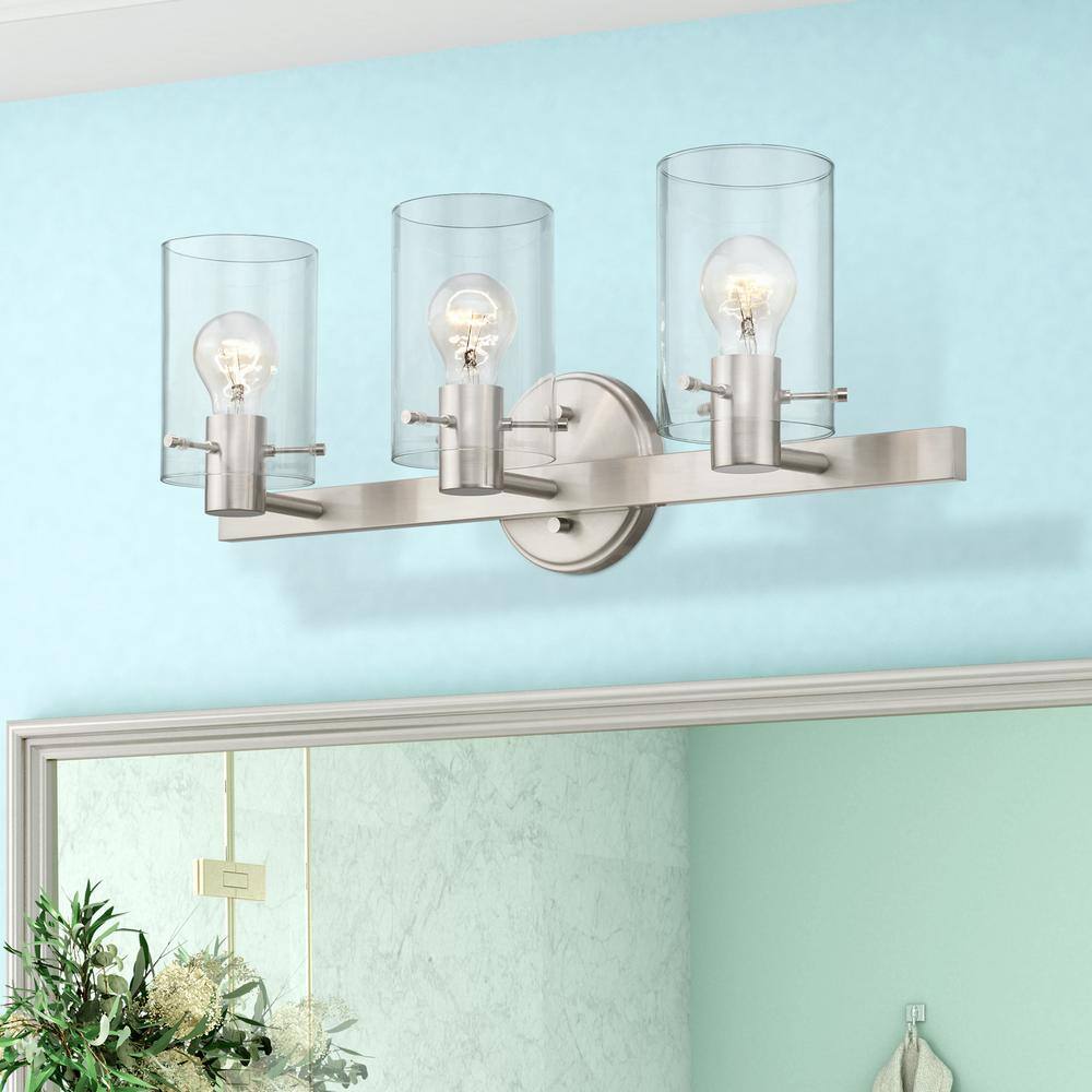 Munich Brushed Nickel 3-Light Vanity with Clear Glass Shades