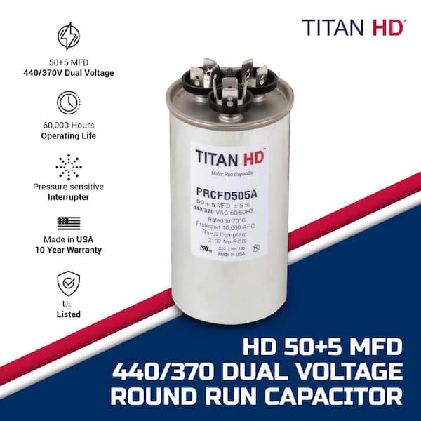 TITAN HD 50 Plus 5 MFD, 440-Volt/370-Volt Dual Voltage Round Run