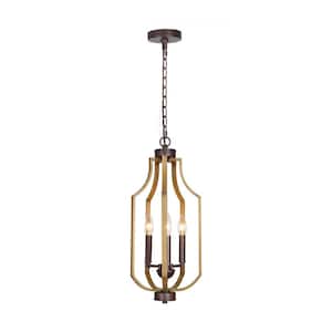 Rustic 3-Light Brown Lantern Cage Candle Chandelier for Foyer, Entryway with Faux Wood Accent, and No Bulb Included