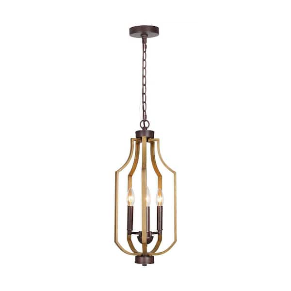 LOUGHEED DECOR INC Rustic 3-Light Brown Lantern Cage Candle Chandelier for Foyer, Entryway with Faux Wood Accent, and No Bulb Included