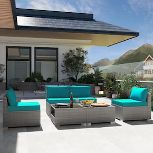 6-Piece Wicker Outdoor Patio Sectional Sofa Conversation Set with Coffe Tables and Turquoise Cushions
