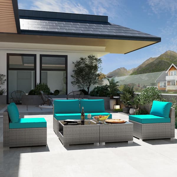 Gardenbee 6-Piece Wicker Outdoor Patio Sectional Sofa Conversation Set with Coffe Tables and Turquoise Cushions