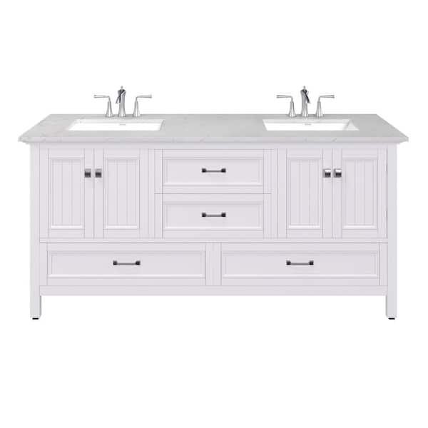 Britney 72 in. Double Sink White Bath Vanity with White Carrara Quartz Top (Assembled)