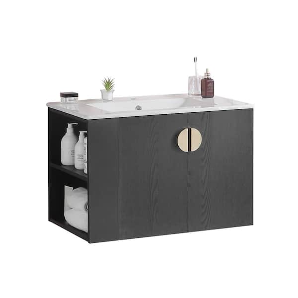 Dimakai 30 in. W Single Sinks Wall Mounted Bath Vanity in Black with White Ceramic Top and Left Side Shelf