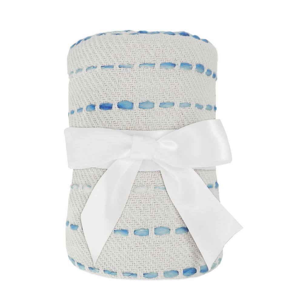 Cream and Blue Cotton Reversible Throw Blanket, 50" x 60"