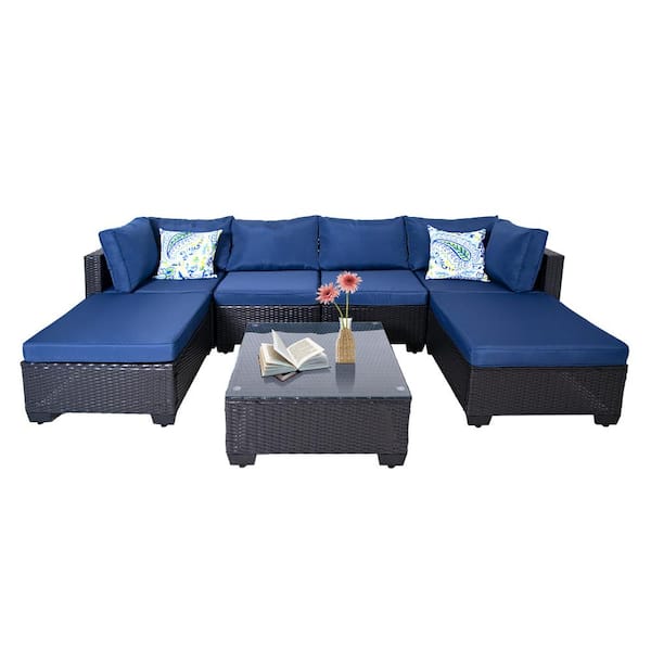 Unbranded 7-Pieces PE Wicker Outdoor All Weather Sectional Set with Navy Blue Cushions and Glass Top Table