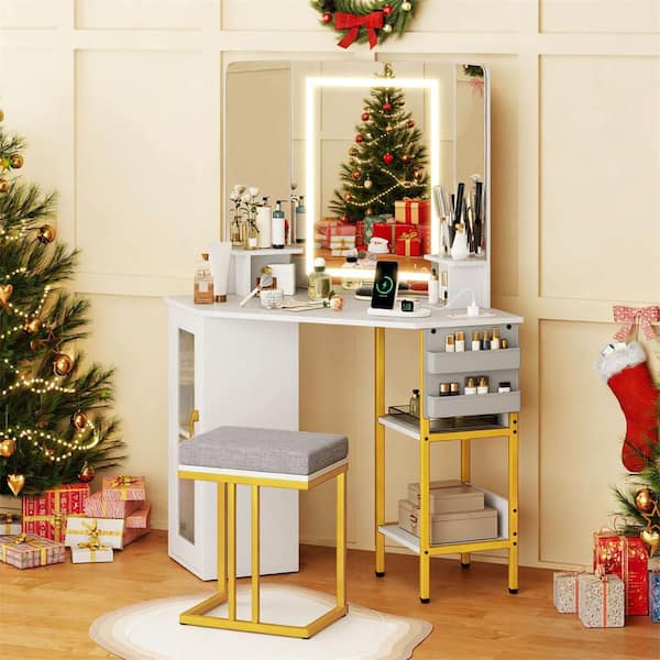 2-Piece White Makeup Corner Vanity Set with Mirror Lights Triple Mirror 3 Lighting Modes Matching Chair