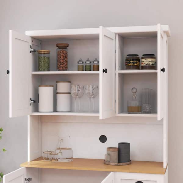 Otryad Pantry Storage Cabinet with Microwave Oven Countertop, Freestanding Hutch Cabinet with Adjustable Shelves in White