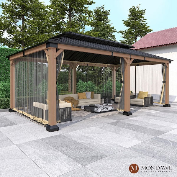 Cedarfort 12 ft. x 20 ft. Outdoor Cedar Wood Frame Hardtop Gazebo with Galvanized Steel Roof and Netting