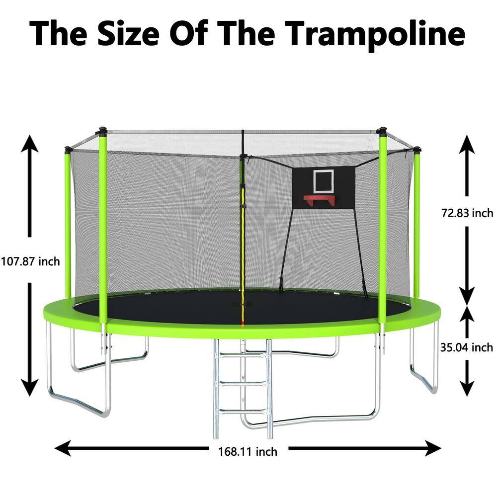 14FT Green Round Trampoline with Enclosure and Ladder