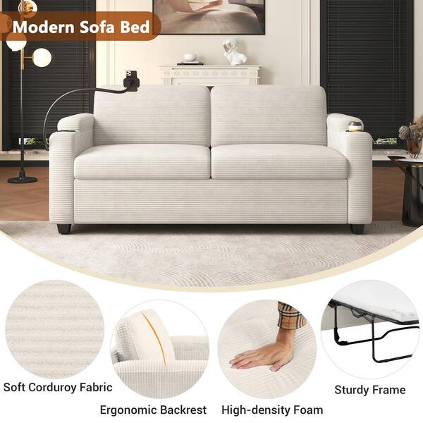 Nestfair 72.8 in. Beige Corduroy Fabric Full Mattress Sofa
