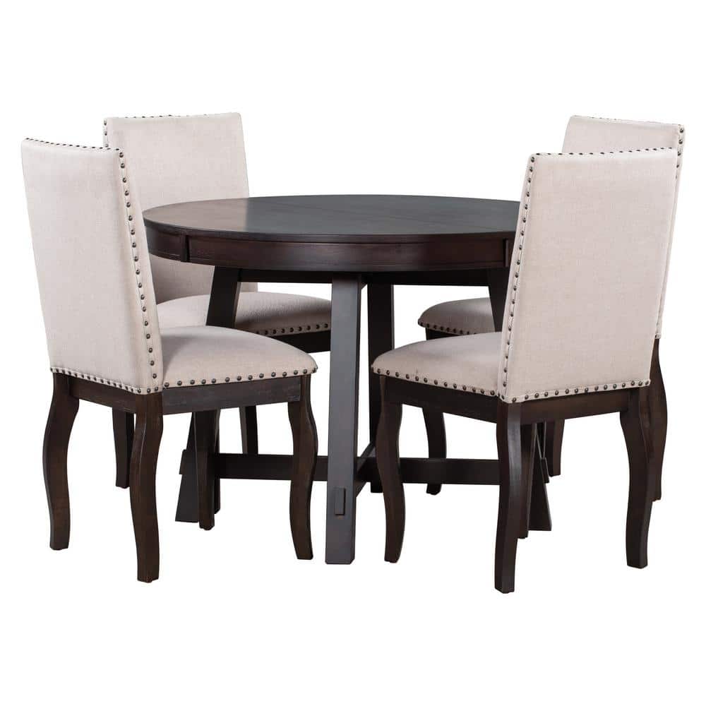 5-Piece Oval Espresso Wood Top Dining Room Set Seats 4 with Extendable Dining Table, Brown