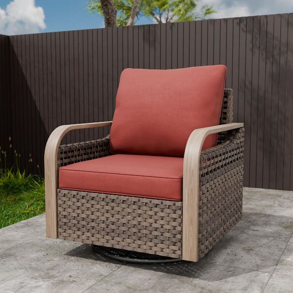 Outdoor Patio Swivel Brown Wicker Outdoor Rocking Chair with Red Cushions