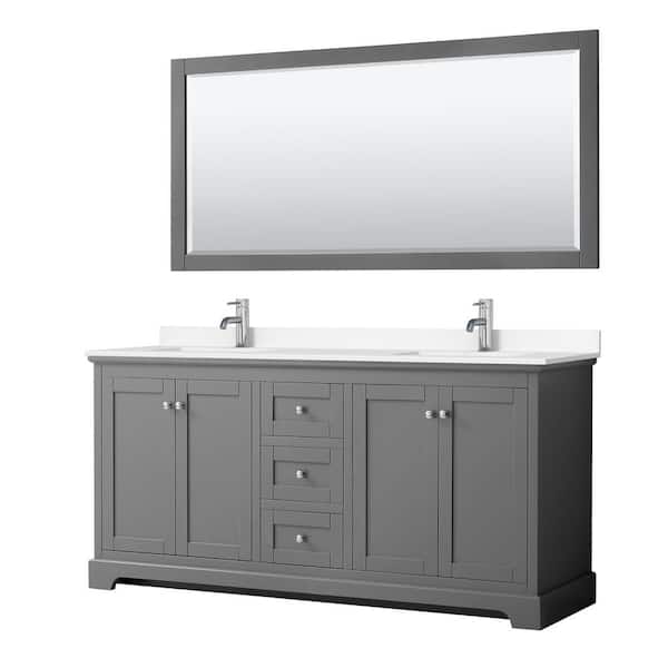 Wyndham Collection Avery 72 in. W x 22 in. D Double Vanity in Dark Gray with Cultured Marble Vanity Top in White with Basins and Mirror
