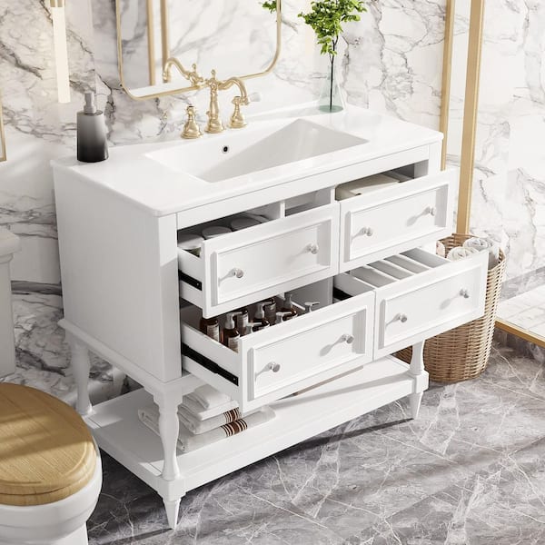 36 in. Single Sink Freestanding White Bath Vanity with White Ceramic Top, 4 Drawers and Open Storage Shelf Unassembled
