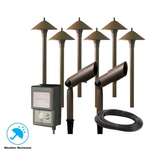 Hampton Bay Low-Voltage Aged Brass Outdoor Halogen Landscape Path Light and Spot Light Kit with Transformer (8-Pack)