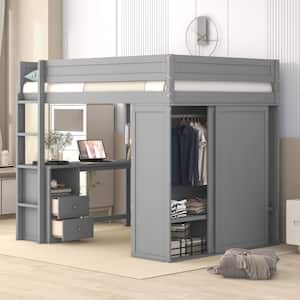 Gray Full Size Wood Loft Bed with Wardrobe, 2-Drawer Desk and Cabinet