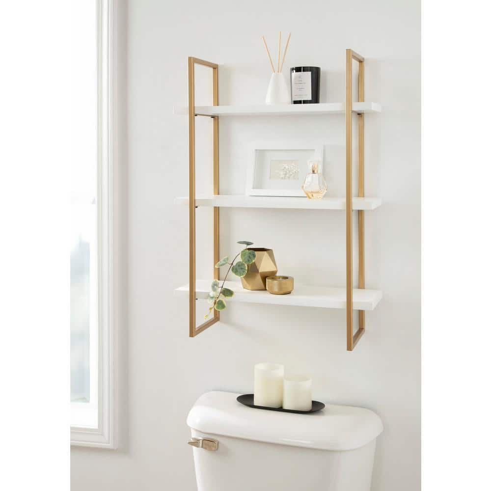 Elegant 32'' White and Gold Floating Wall Shelf with 3 Tiers