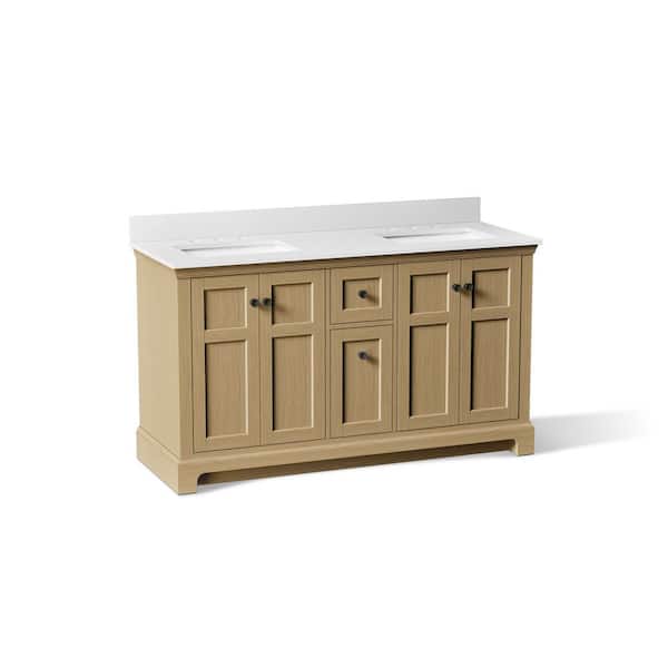 Baskin 60 in. Double Sink Light Oak Bath Vanity with Bianco Bella Quartz Top