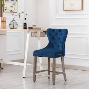 Harper 24 in. High Back Nail Head Trim Button Tufted Royal Blue Velvet Counter Stool w/Solid Wood Frame in Antique Gray