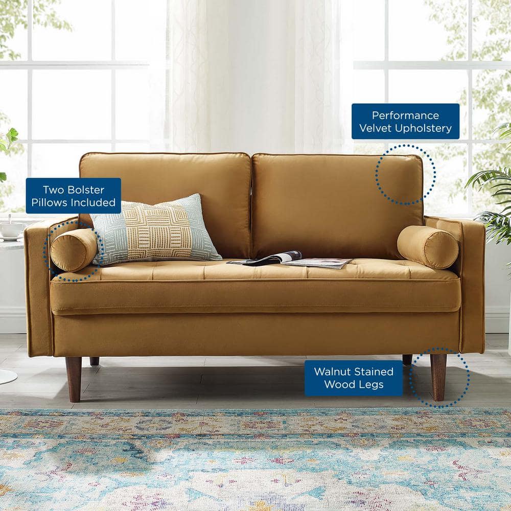 Cognac Faux Leather Tufted Loveseat with Removable Cushions and Wood Legs
