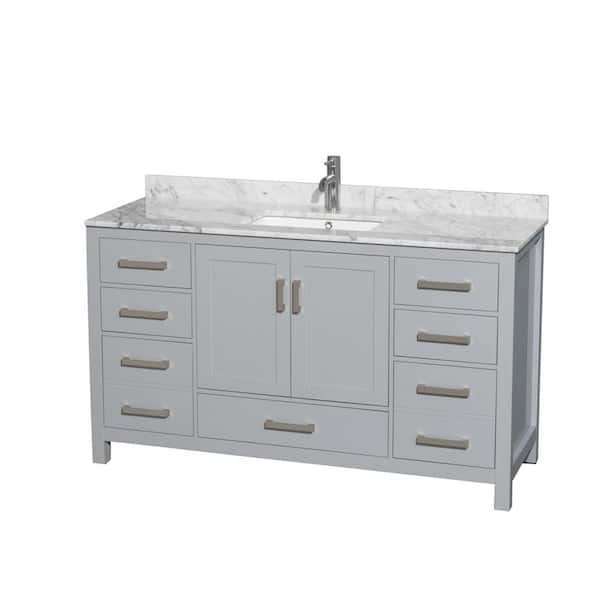 Wyndham Collection Sheffield 60 in. W x 22 in. D x 35 in. H Single Bath Vanity in Gray with White Carrara Marble Top