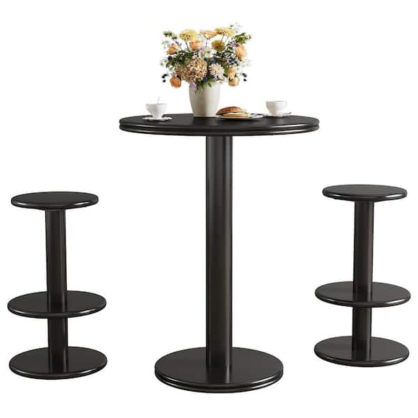 Kearsten Brown Round 39.4 in. H Modern Black Bar Table Set with 2-Barstools, Wood Bistro Table (Seat 2)