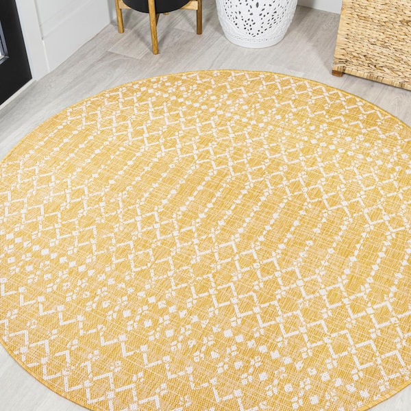 JONATHAN Y Ourika Moroccan Textured Weave Yellow/Cream 5 ft. Round Geometric Indoor/Outdoor Area Rug