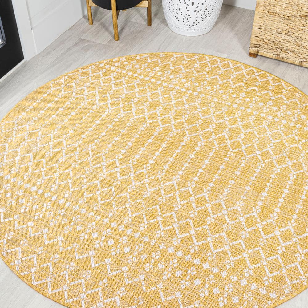 Ourika Moroccan Geometric Textured Weave Yellow/Cream 5 ft. Round Indoor/Outdoor Area Rug price history on PriceWatchPro